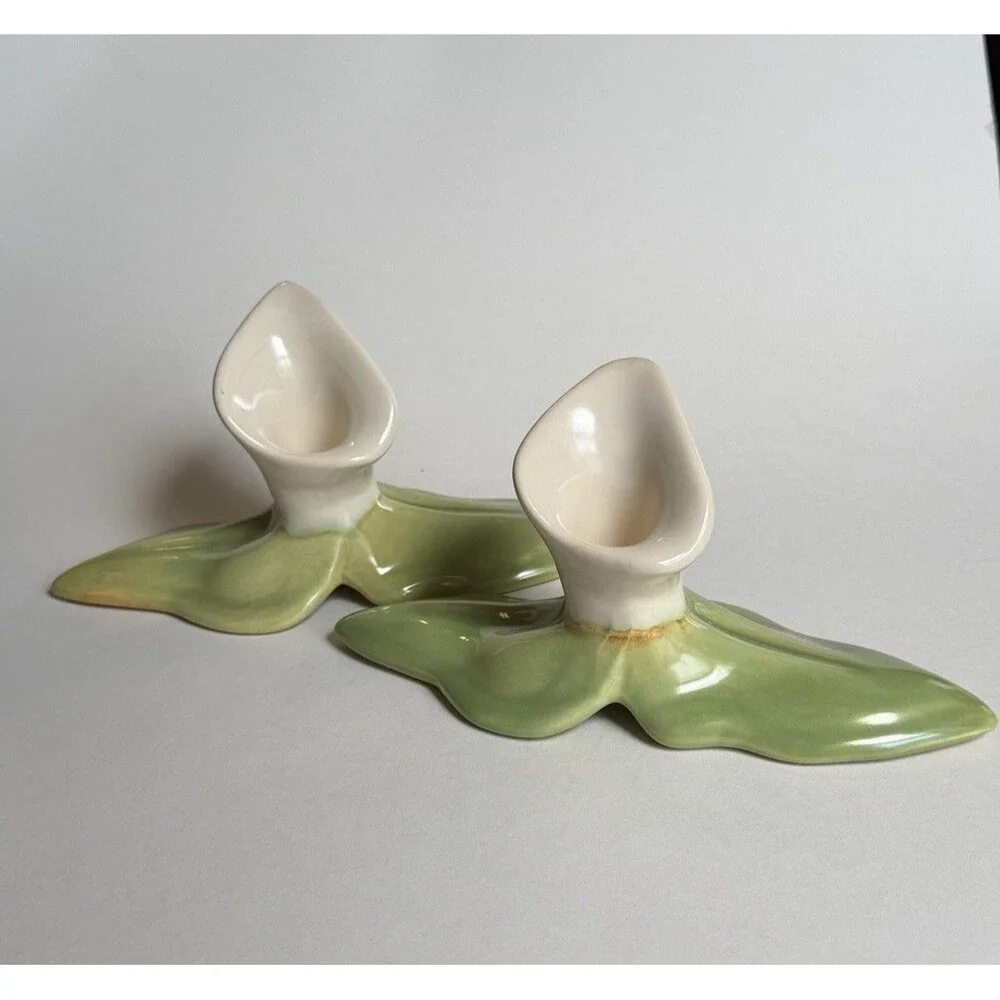 Vintage MCM Calla Lily Ceramic Candle Holders Pair Floral Muted Tones